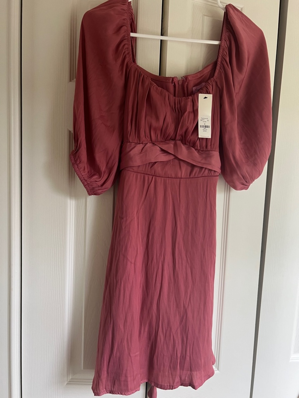 Francesca's Collections Rose-Pink Puff Sleeve Midi Dress